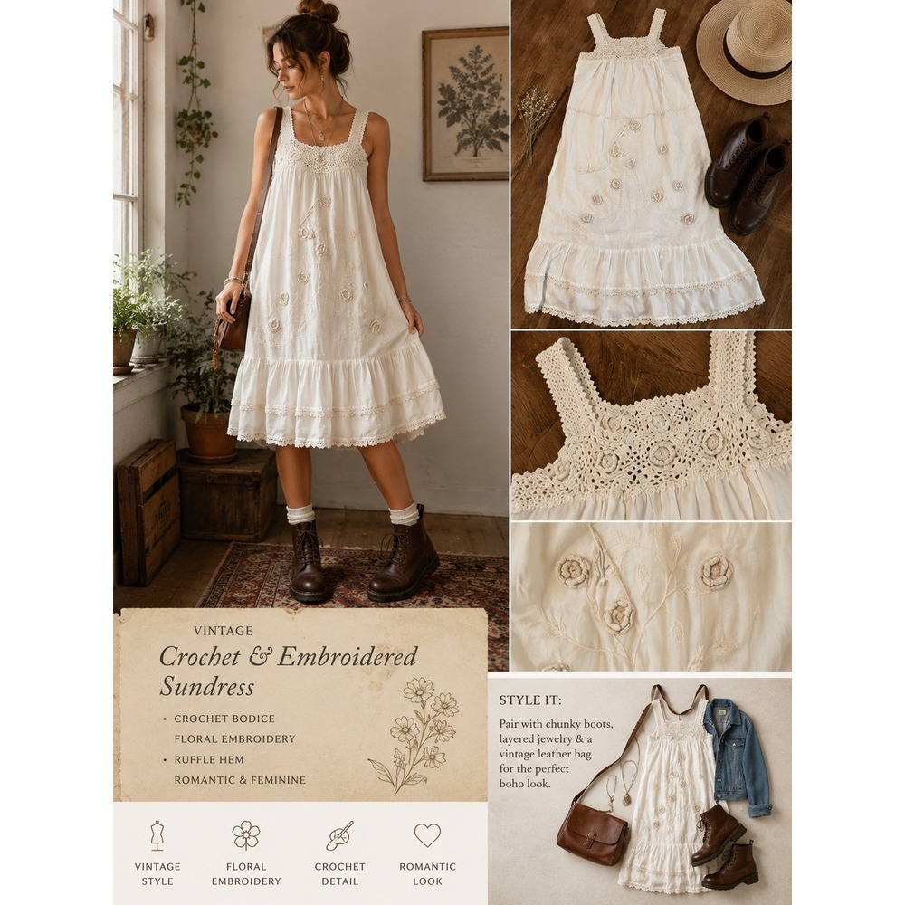Flair Crochet Dress M White Cotton Floral Embroidered Boho Cottagecore Fairy